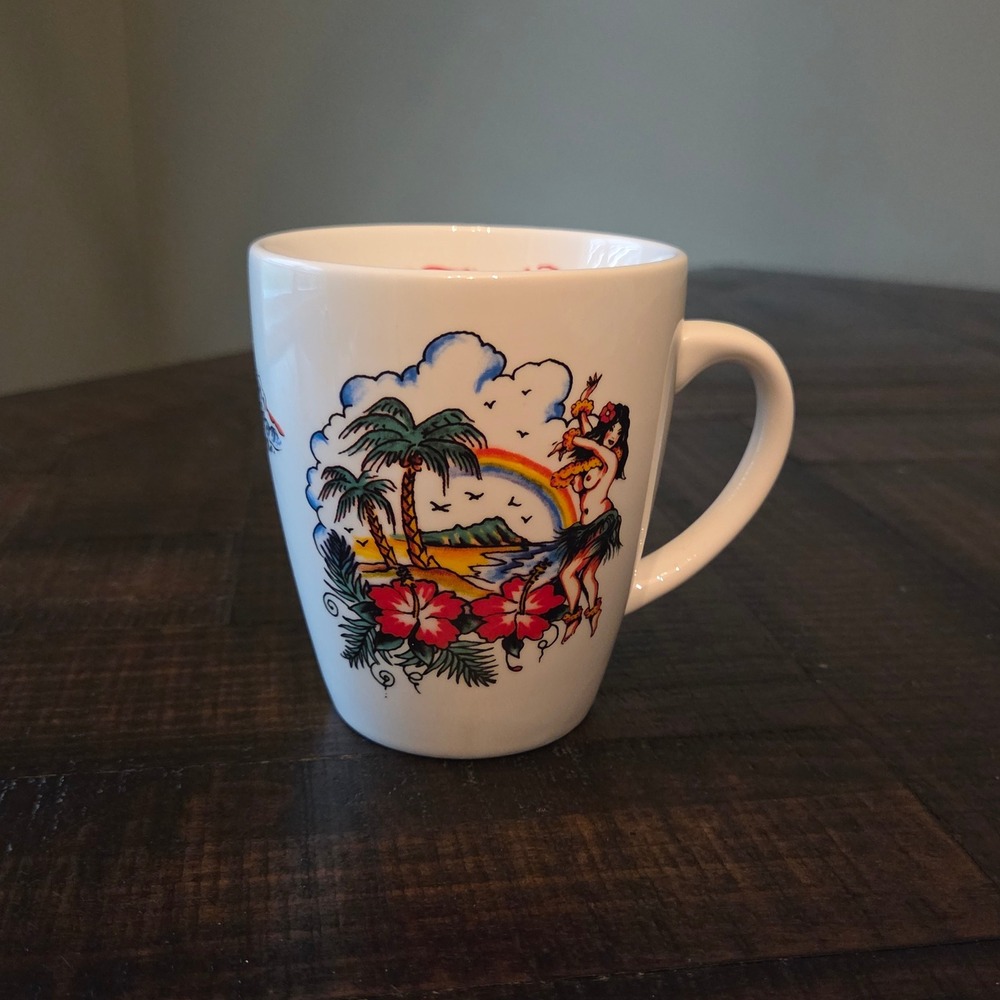Vtg Y2K Ed Hardy Hula Girl Coffee Mug Hawaiian Tropical Tattoo Art Ceramic Cup